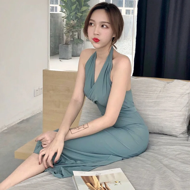 

Spring and Summer 2021 New Korean Style Sexy Temperament Blue Gray Halter High Waist Lace-up Retro Design Dress Fashion