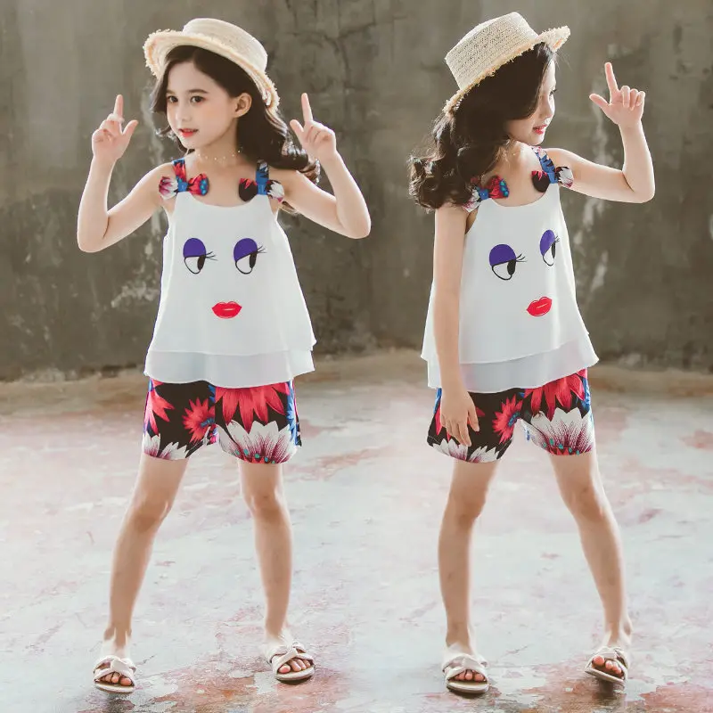 Комплект одежды для девочек милый комплект с большими глазами топ без рукавов