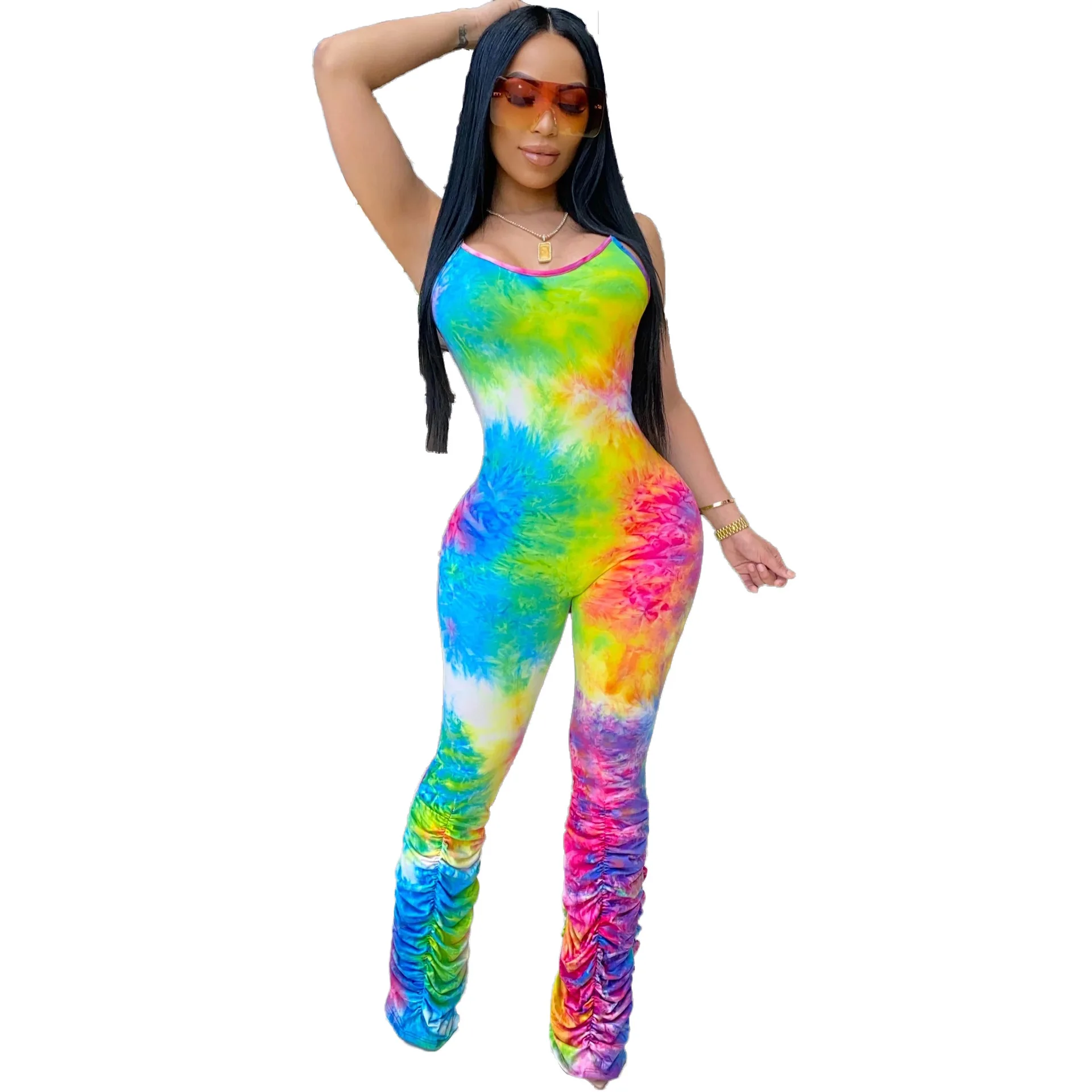 Женский Облегающий комбинезон с принтом Tie Dye на тонких лямках круглым вырезом