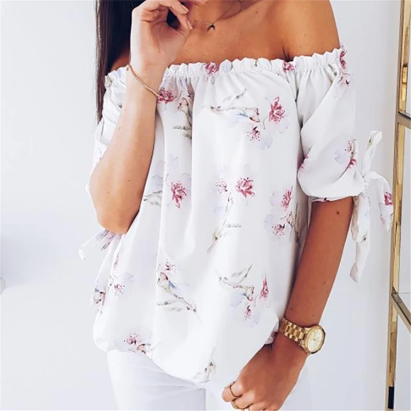 Модная элегантная шифоновая блузка с открытыми плечами и цветочным рисунком 2019