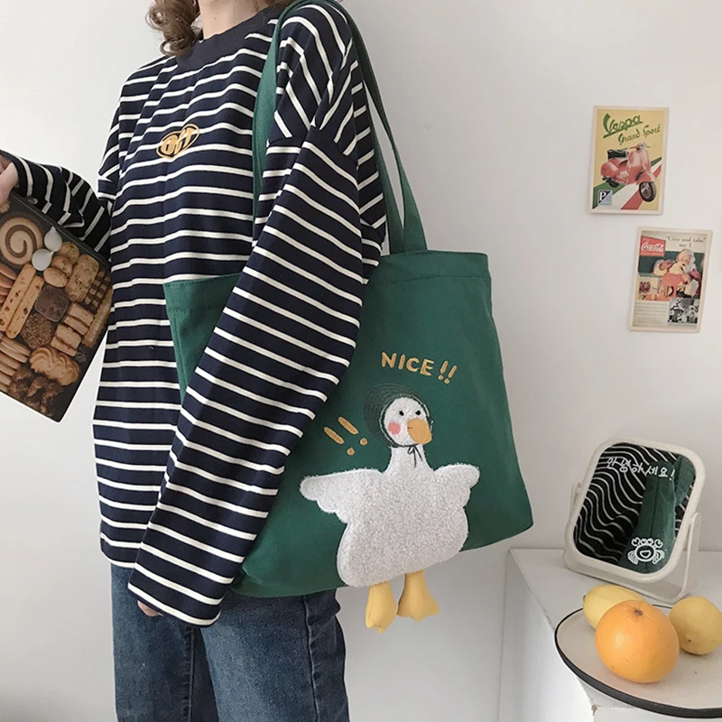 

2021 New Bag Women Korean Version of Ins Duck Duck Embroidered Canvas Bag Summer Soft Cute Duckling Shoulder Bag