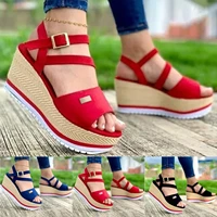2021 womens sandals vintage wedge shoes woman buckle strap straw thick bottom flats platform sandals flock female shoes summer