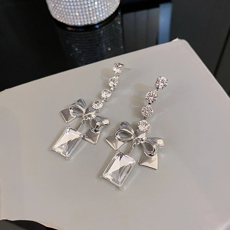 

925 Silver Needle European And American New Exaggerated Personality Net Red Temperament Diamond Bow Long Earrings Female
