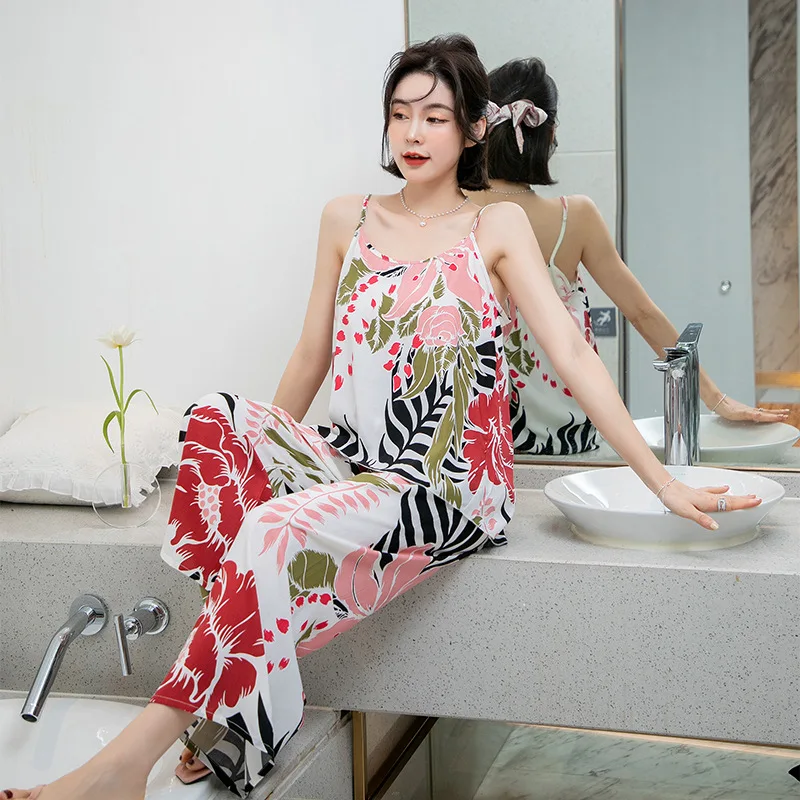 

WFF Women Silk Pajamas Set Jungle Print Nightwear Sleeveless Pajama Loose Pyjamas Suit 4/5XL 150kg Can Wear Pyjama Pour femme