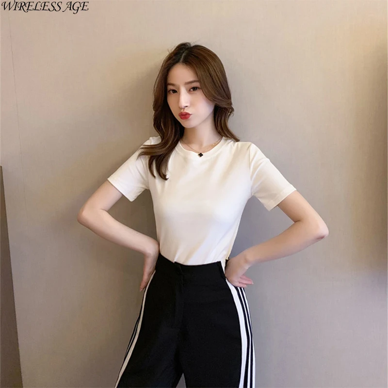 

WIRELESS AGE T Shirt Women Short Sleeved Round Neck Slim Solid Color Casual Sexy Top 2021 Summer Korean Style New Fashion Wild