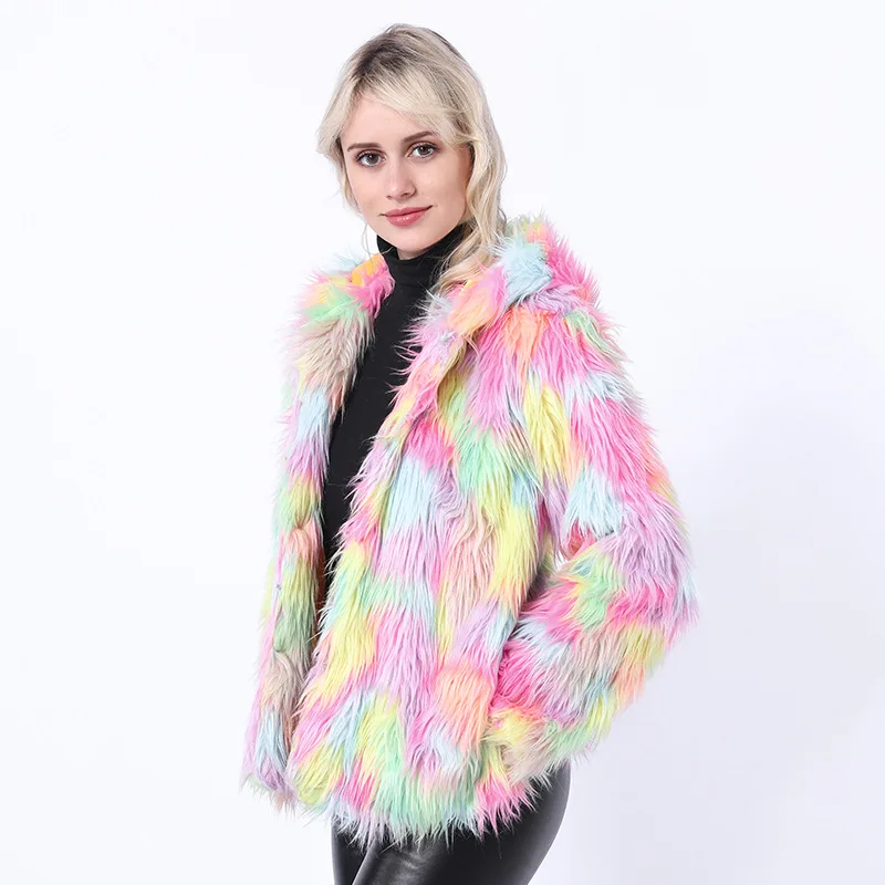 

Plus Size Women Winter Fur Coat Hooded Gradient Color Faux Fur Jacket Colorful Fluffy Warm Outerwear Coat Jacket Hairy Overcoat