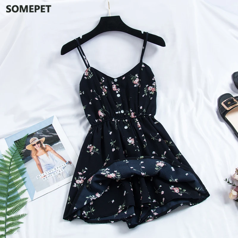 

New Women's Dress Sweet Summer Casual Fashion Bohemian Print Thin Strap Sleeveless Black Dress for Women