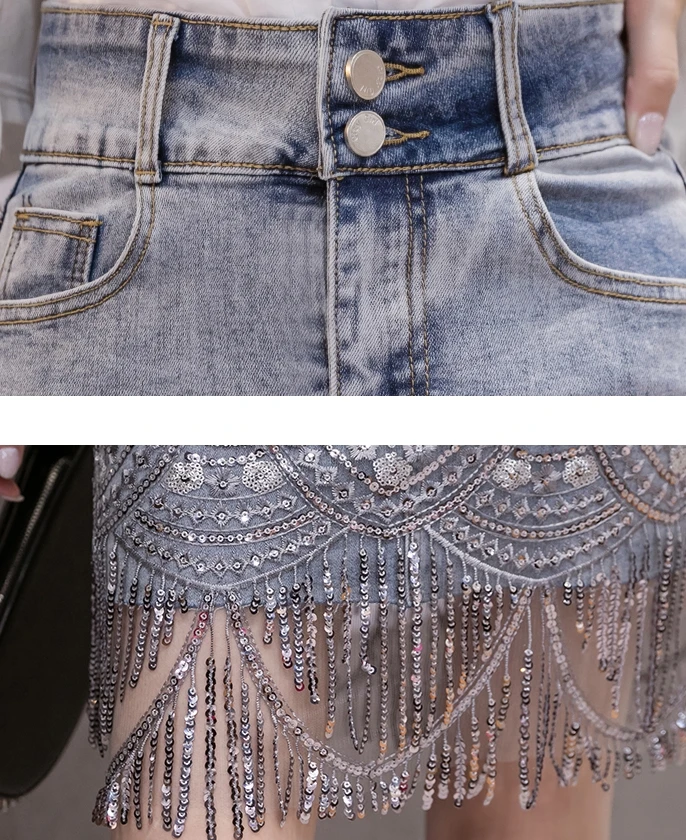 

Summer Korean Sexy Women Denim Mini Skirts High Waist Blue Package Hip Jeans Fashion Beading Tassel SKirt New Hot 2021 B05601