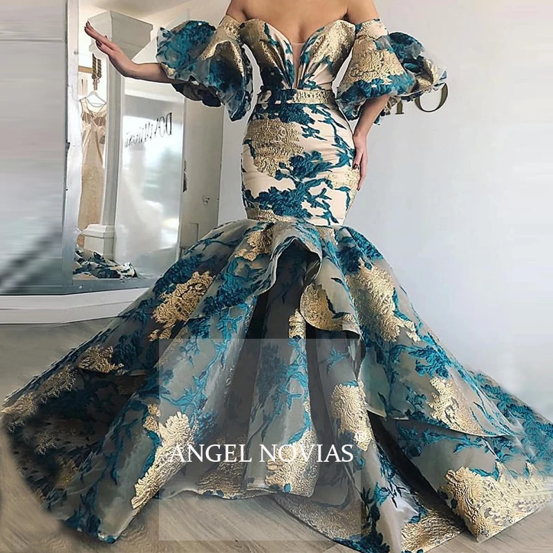 Длинное вечернее платье Русалка с открытыми плечами арабским кружевом 2020