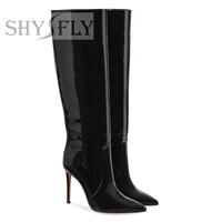 2021 fashion knee high women boots pointed toes black patent leather thin heel modern boots women runway banquet shoes plus size