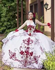 Белое платье Quinceanera с красной аппликацией вышивка милое Тюлевое Бальное Платье милое 16 платья 15 лет 2020