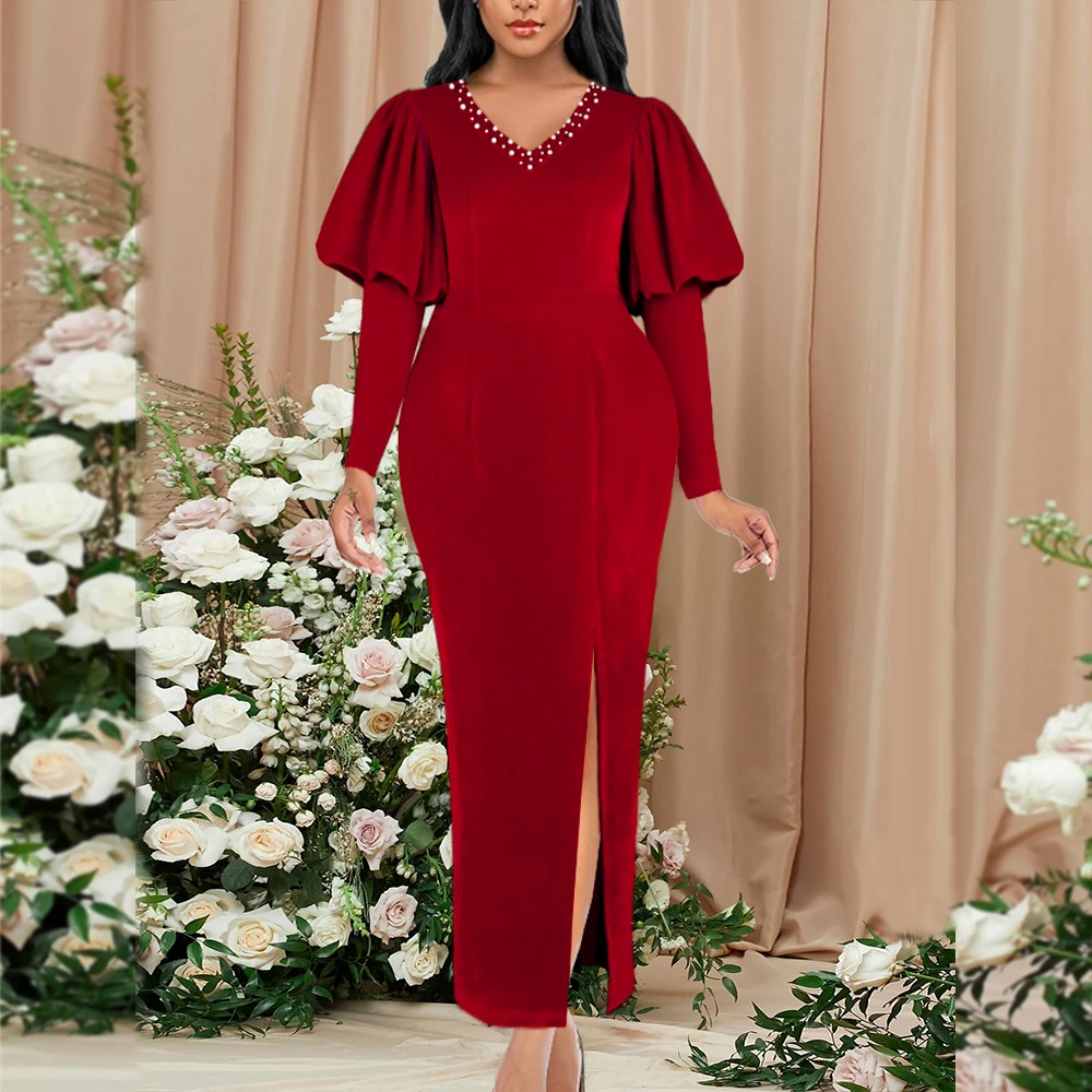 

Vintage Women Burgundy Formal Dress Puff Sleeve Luxury Beading Velvet Full Dress Big Size Curve Lady Christmas Birthday Clothes