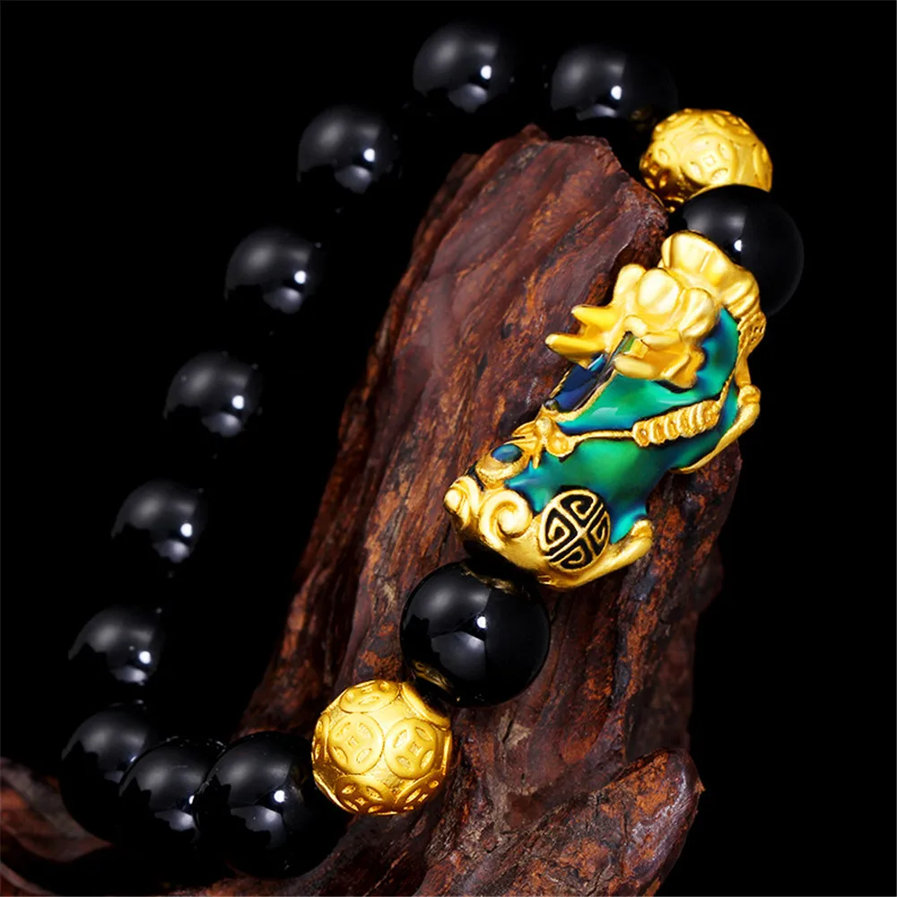 

12mm Natural Energy Black Onyx Hand Beaded Bracelet Fancy Thermochromic Pixiu Charm Bracelets DIY Beads Women or Men's Jewelry