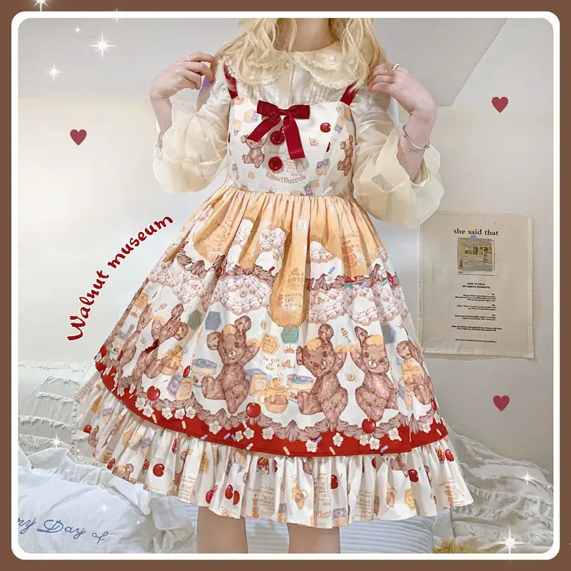 

Japanese Kawaii Lolita Girls Honey Disappearing Incident Cute Printing Cosplay Sleeveless JSK Dress Bow Princess Dress