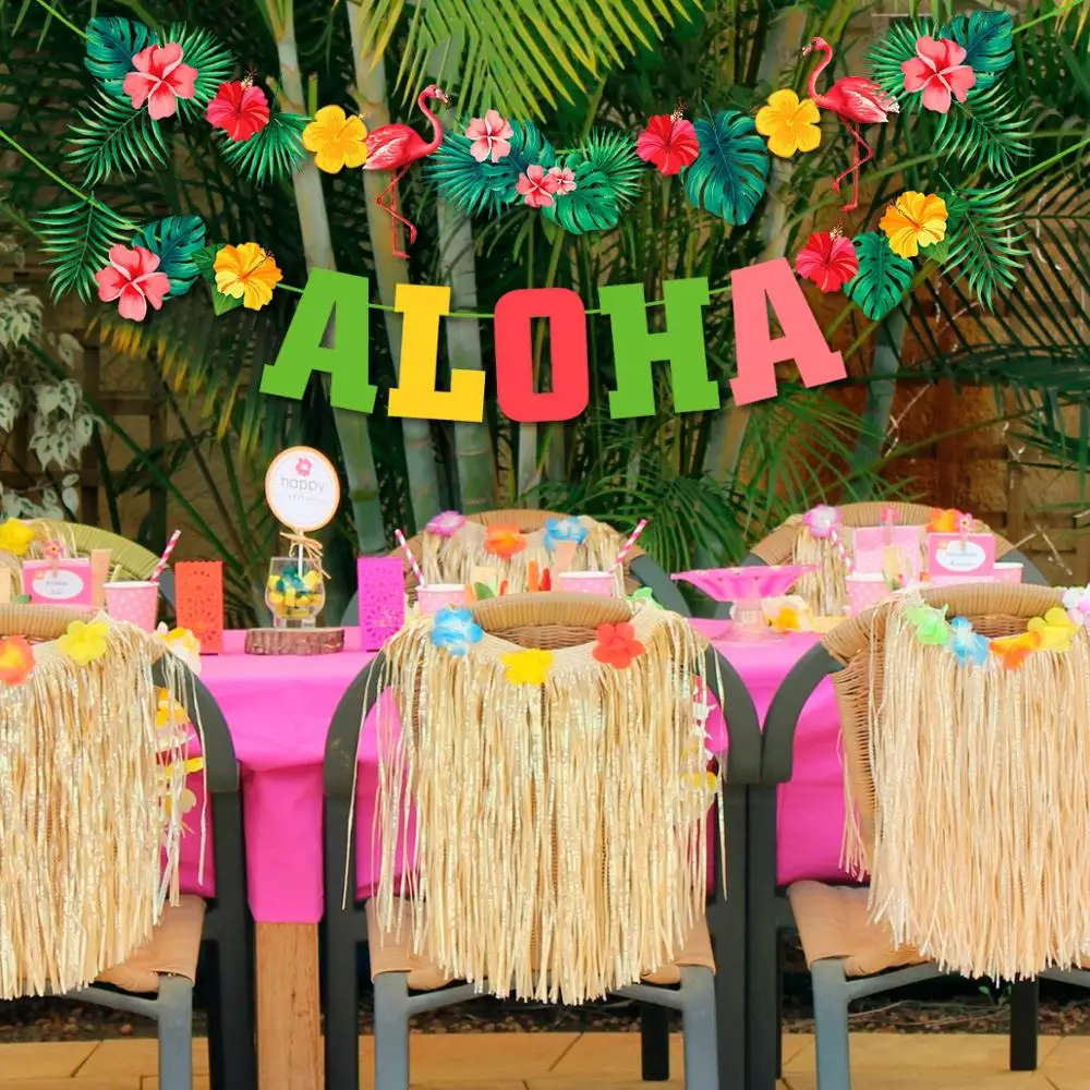 

QIFU Hawaii ALOHA Happy Birthday Banner Flamingo Hawaiian Tropical Party Decor Holiday Summer Party Luau Aloha Party Supplies