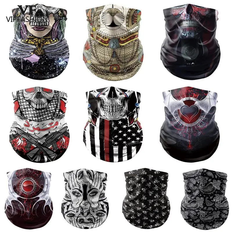VIP FASHION 3D Halloween Skull Face Shield Neck Gaiter Scarf Print Magic Mask Anti-UV Cycling Headband Bandana |