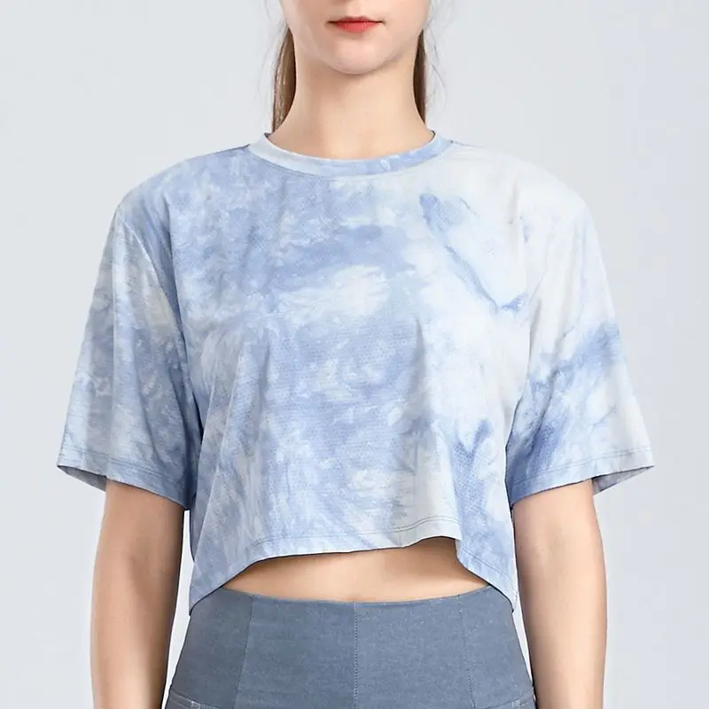 

Women's Sports T-Shirts New Summer Loose Short Tie-Dye Yoga Tops Short-Sleeved Outerwear Running Fitness Blouses Gym Clothing