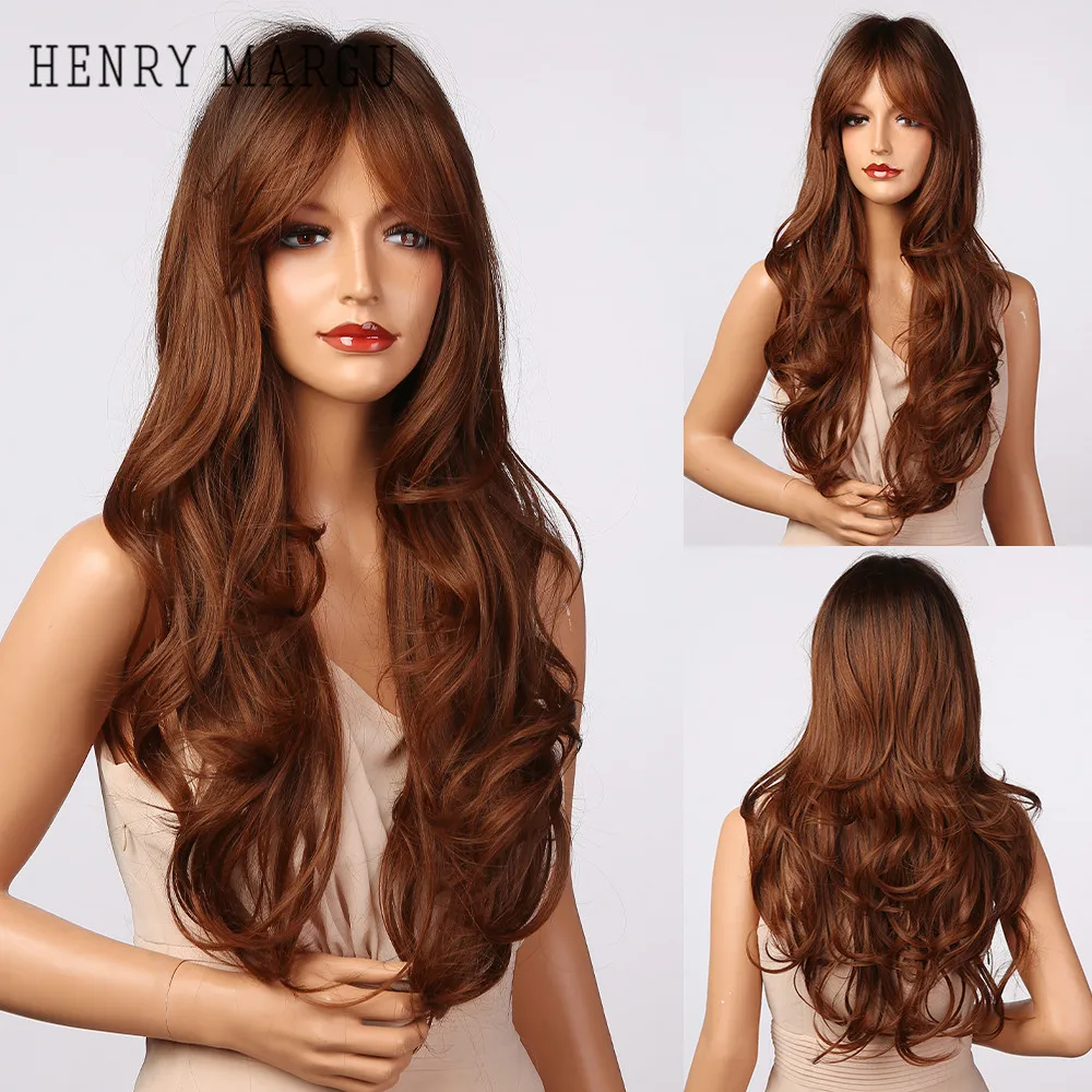 

HENRY MARGU Cosplay Long Wavy Synthetic Wigs for Women Ombre Brown Wine Red Wigs with Bangs Natural Wig High Temperature Fiber