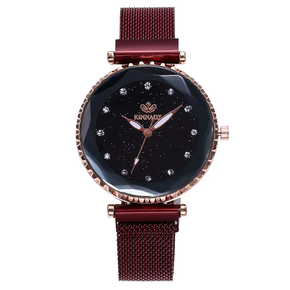 rinnady061red Женские часы из нержавеющей стали с сетчатым ремешком, наручные часы в римском стиле, модные кварцевые часы с магнитной пряжкой, роскошные часы Relojes Mujer - Цвет: rinnady061red