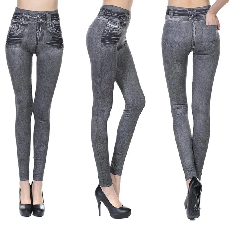 

Slim Women Leggings Plush Lined Winter Faux Denim Jeans Leggings 2 Real Pockets Fashion Fitness Leggings High Waist Pencil Pants