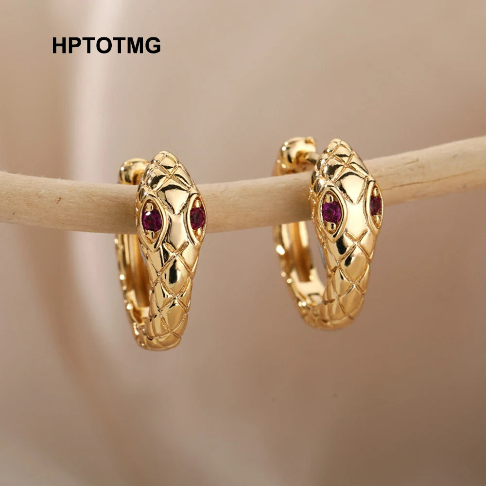 

Gold Fuchsia Zircon Snake Hoop Earrings for Women Vintage Punk Piercing Silver Color Earrings 2021 Trend Jewelry Party Gifts