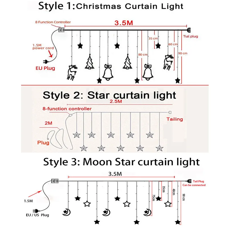 

Christmas lights led 3.5m Curtain light garland star moon decor for home 220V Fairy Lights Outdoor/Indoor Festival String Light