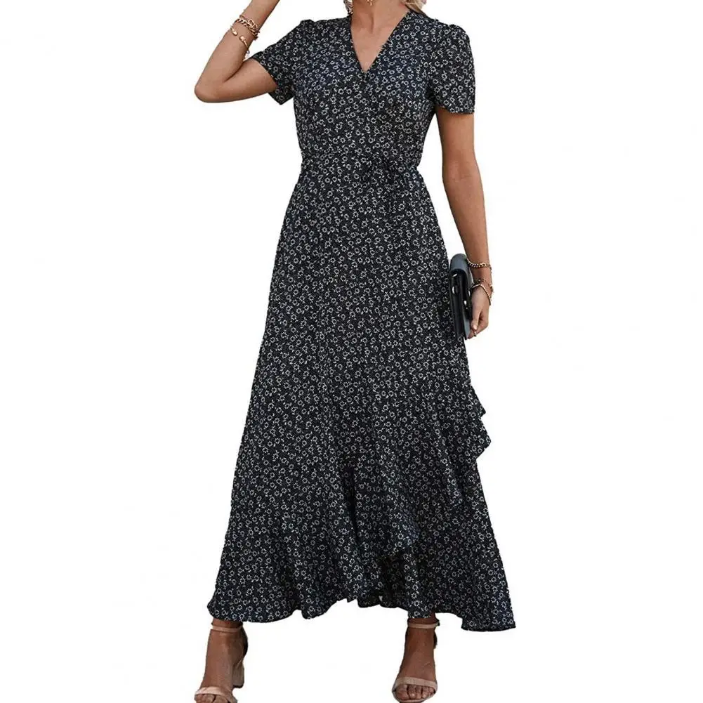 

Women Retro Elegant Leisure Dress Floral Print V Neck Ruffle Hem Short Sleeve Wrap Maxi Dress Beach Streetwear for Summer