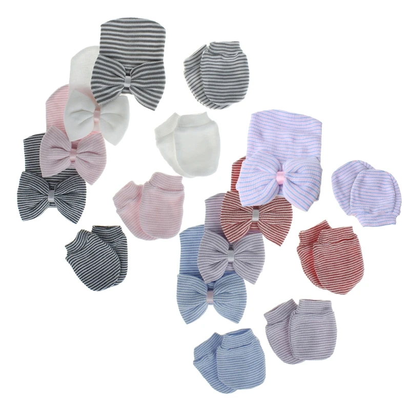 

Newborn Baby Hat and Mitten Set Hospital Knit Hat Cap with Big Bow Soft Cute Knot Nursery Beanie Hat