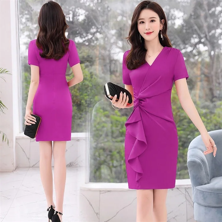 

Women Summer Fashion Short Sleeve V-Neck A-Line Slim Was Thin Chiffon Rose Black Red Bright Pink Elegant Coctail Dress 9229