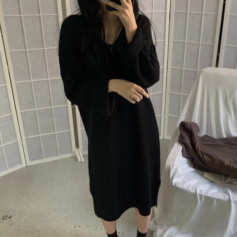 BGTEEVER зимнее теплое длинное платье-свитер в полоску с v-образным вырезом для