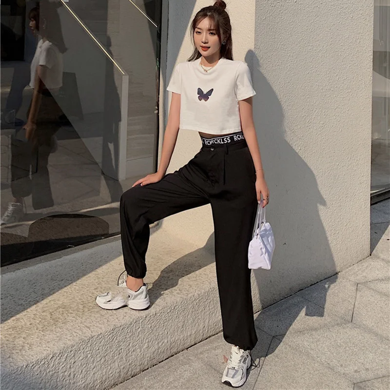 

High Waist Black Pockets Drawstring Long Trousers New Loose Fit Pants Women Fashion Tide Spring Autumn 2021 C860