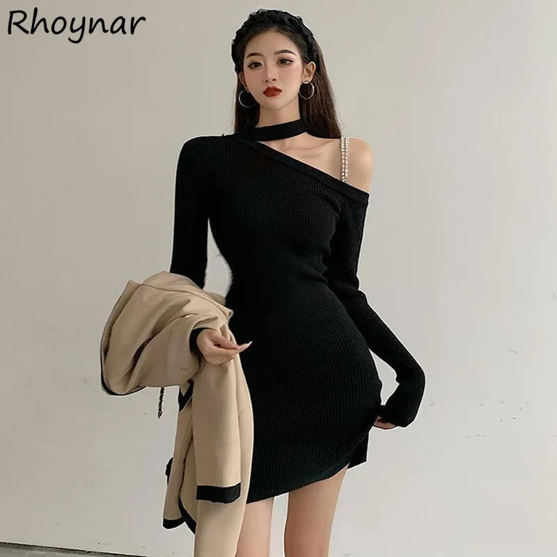 

Long Sleeve Dress Women Sexy Knitting Spring Neck-mounted Inside Black Mini Vestidos All-match Fashion Chic Ulzzang Mujer Ins