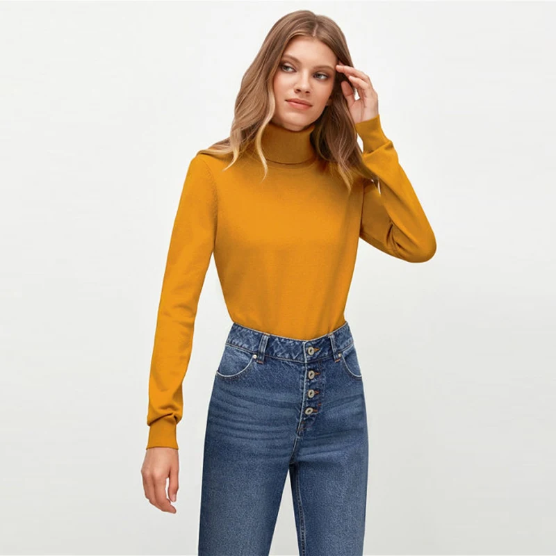 

Повседневный однотонный облегающий свитер, Женская водолазка с длинным рукавом, тонкий вязаный пуловер 2021 для женщин, водолазка из тонкой п...