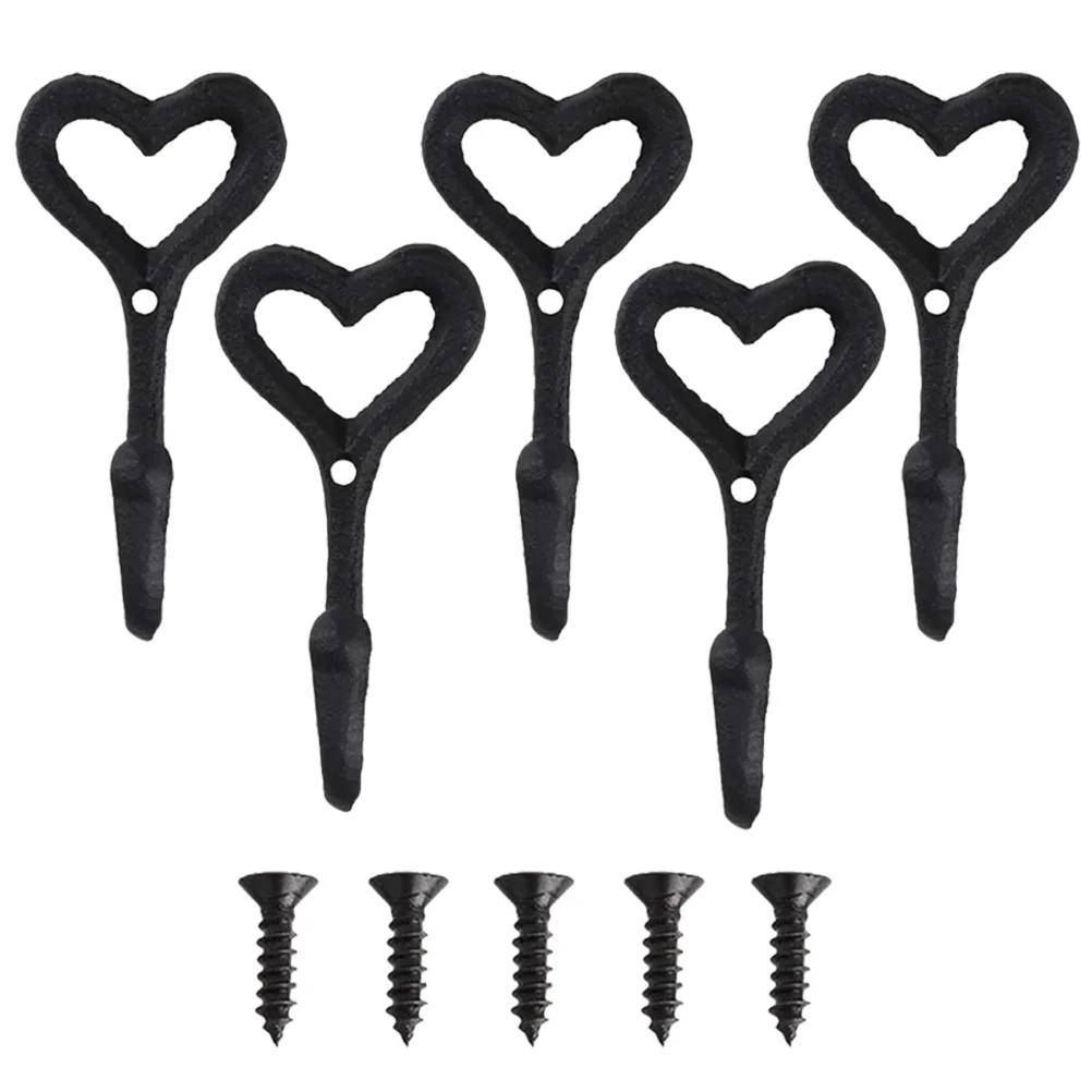 

5Pcs Heart Hooks Decorative Hooks Heart Wall Hooks Cast Iron Coat Hooks