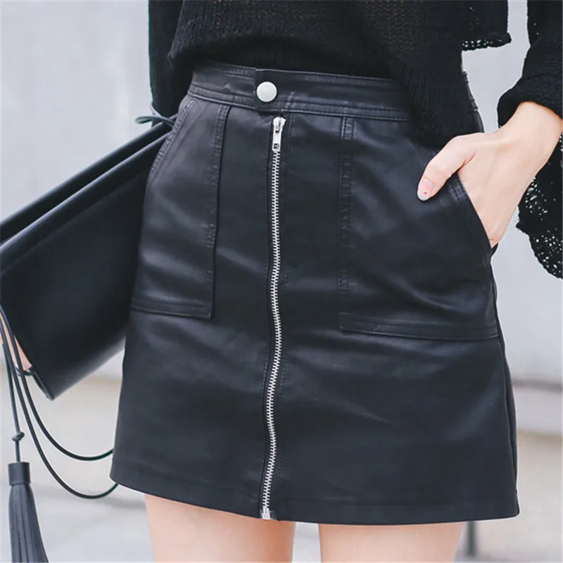 MX7655black Осенне-зимняя женская юбка из искусственной кожи, Сексуальная мини-юбка, элегантная юбка трапециевидной формы на молнии, женские Облегающие юбки с высокой талией - Цвет: MX7655black