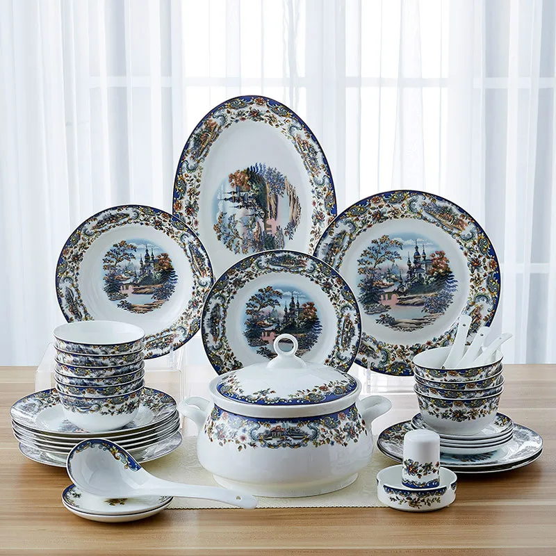 Керамическая кухонная посуда Цзиндэчжэнь с 56 головками столовое блюдо чаши для