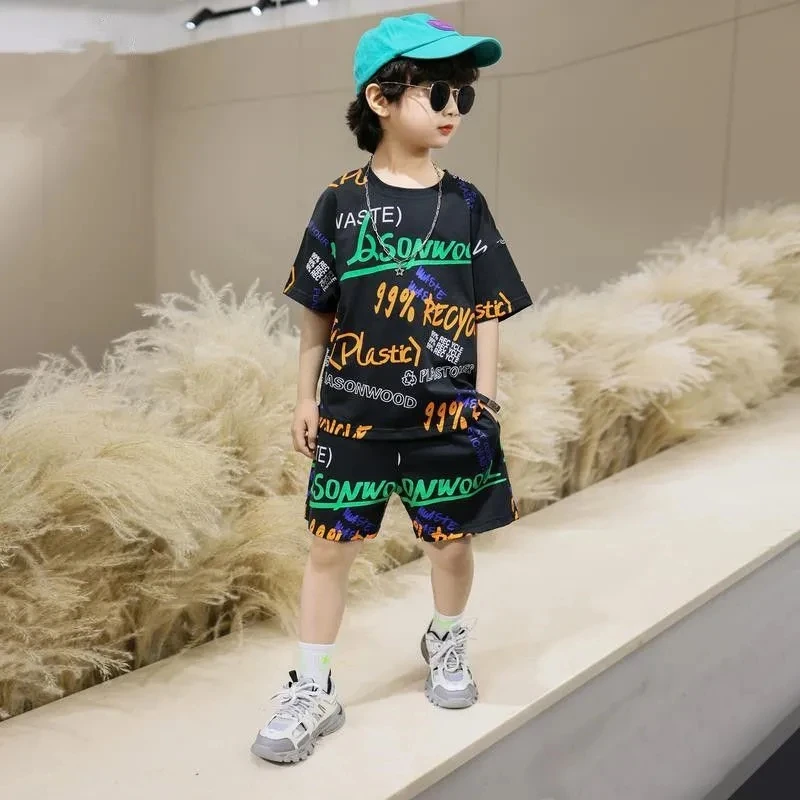 

Cartoon Letter Baby Boys Clothes Summer Suit Tees Shorts Pants Loose T-shirt 2pcs Sets Hiphop Casual 2 to 13 Yrs Boy Kids Outfit