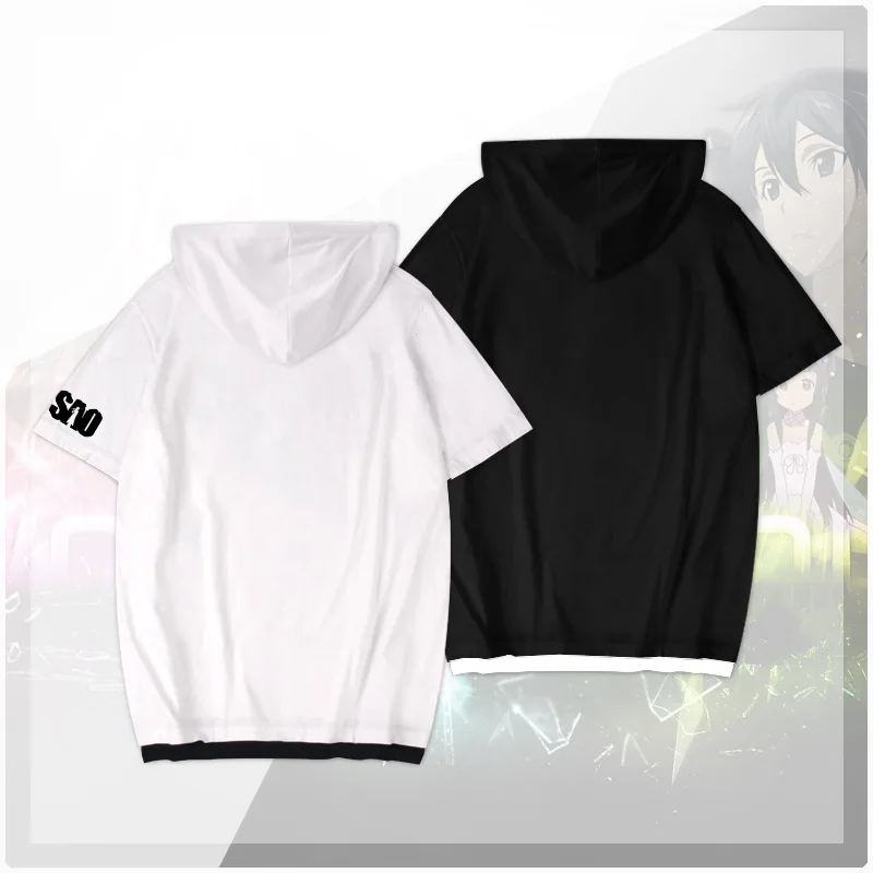 

Sword Art Online Short Sleeve Hooded T-shirt Two-dimensional Japanese Kirito Men and Women Couples Summer Fake Two Clothes Anime