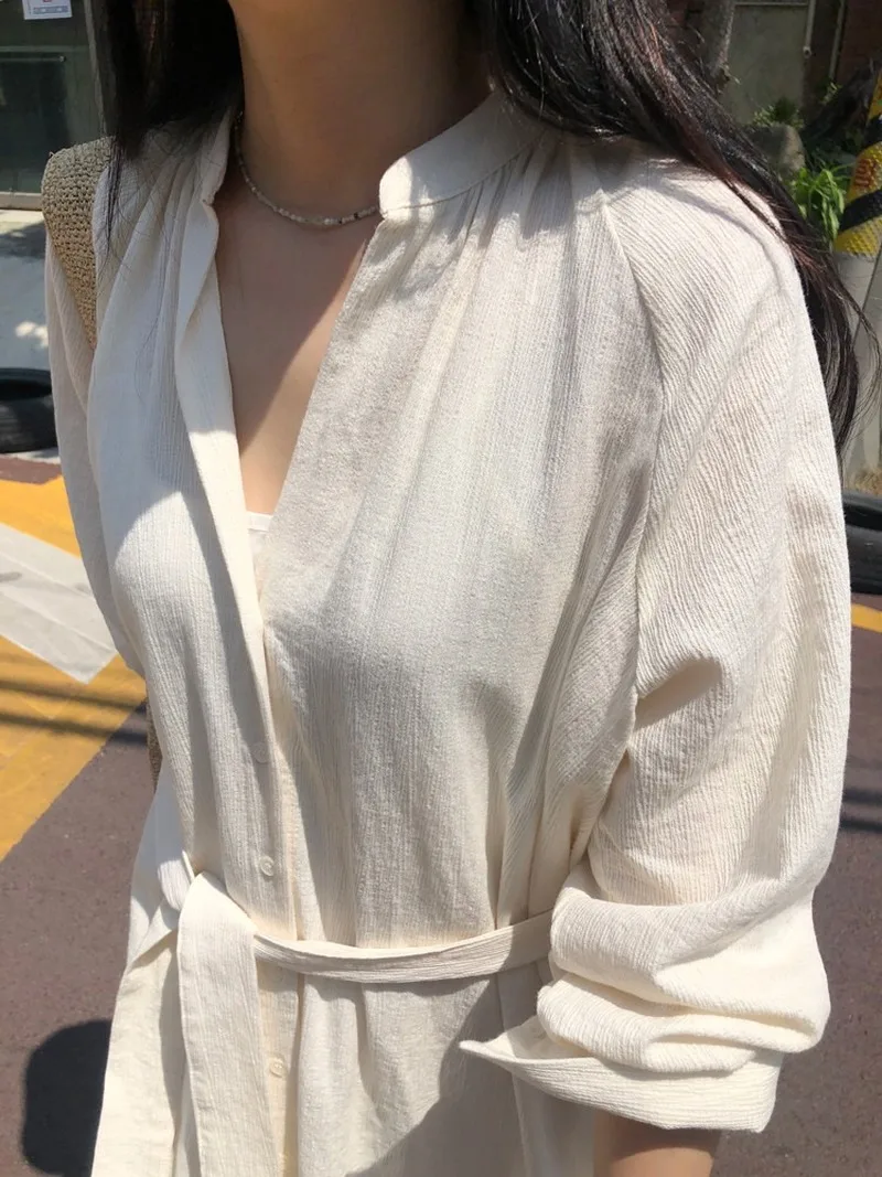 

2021 New Chic Korean Spring Cotton and Linen Loose Big Yards Female Waist Long Dress