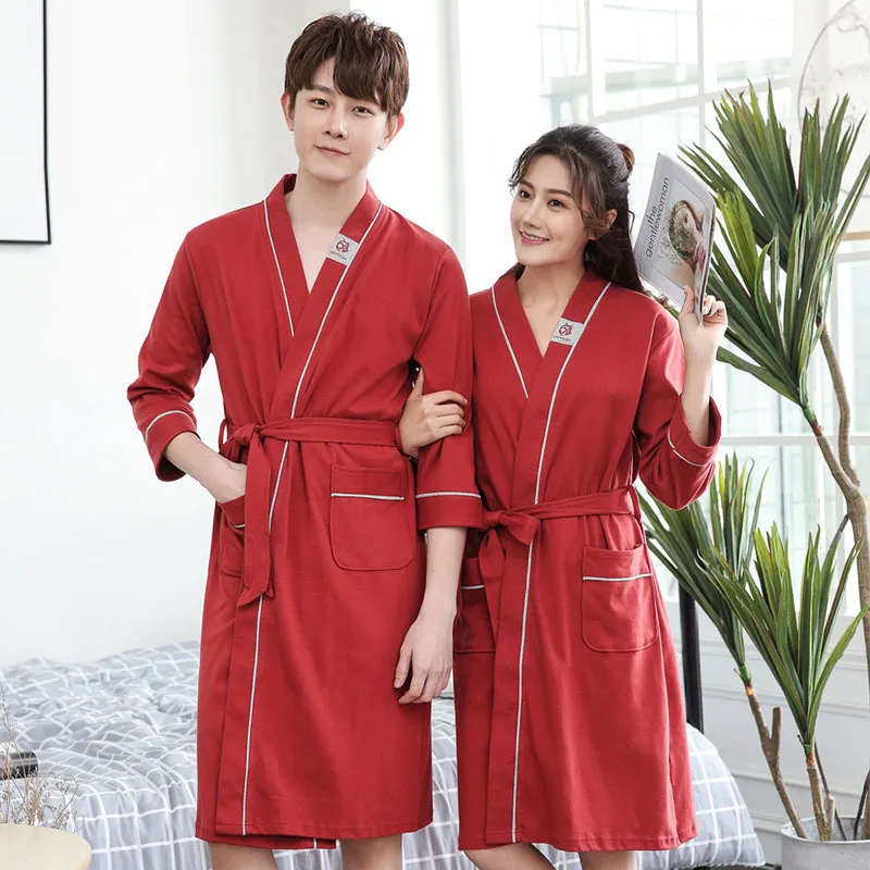 Spring Couple's Nightgown Pure Cotton Medium Length Nightgown Women and Men Comfortable Cotton Korean Bathrobe Japanese Bathrobe