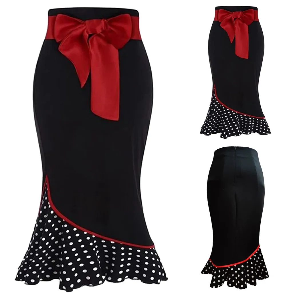 

Christmas Skirts Womens Bow Belt Polka Dot Stitching Ruffle Fishtail Formal Skirt Long Skirt Wholesale Free Ship Юбка Женская Z4