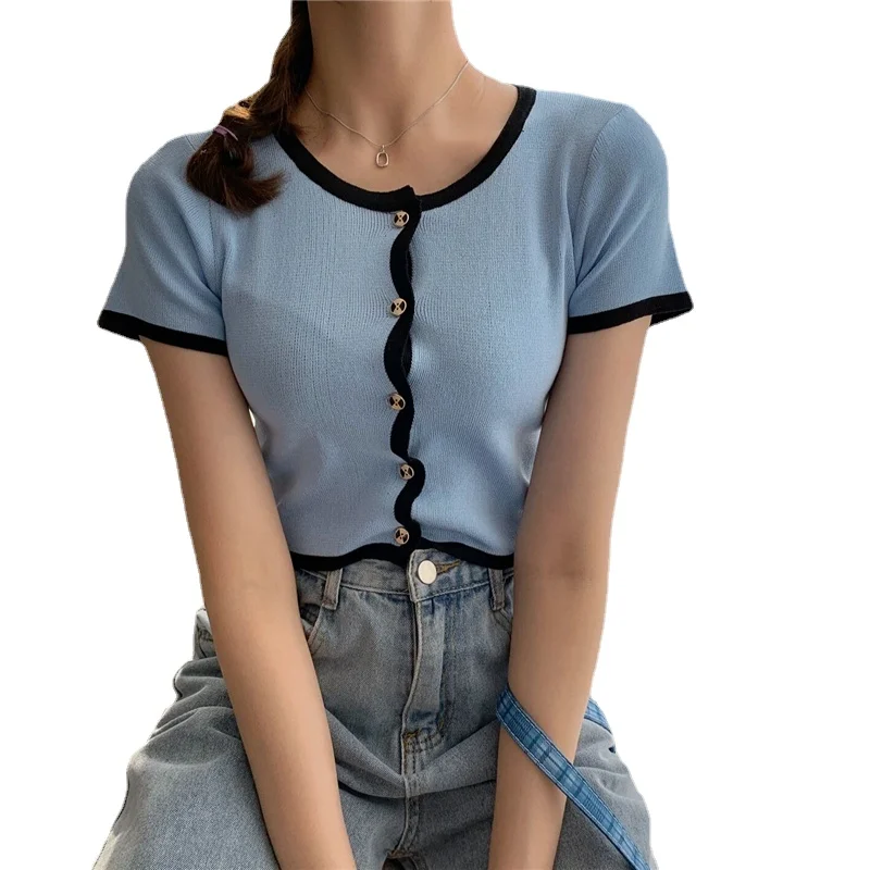 

2021 New Women O-neck Knitted Short-sleeved Cut Sweater Slim Cardigan Ladies Single Breasted Sweater Crop Top Women's Wear
