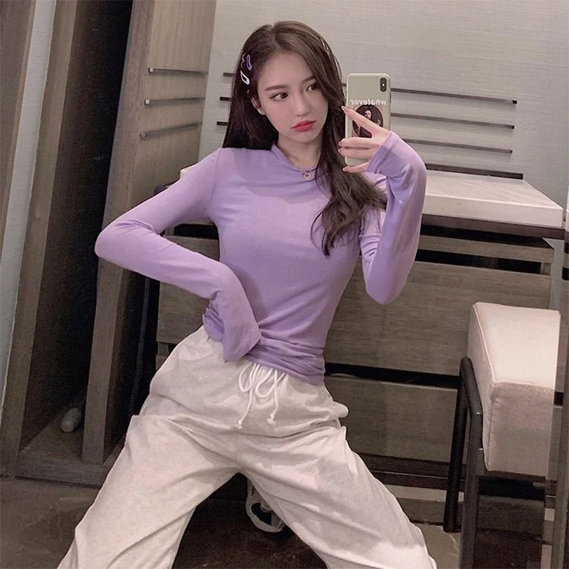 

Woman Tshirts Anime Spring Summer Vintage Purple Tops Korean Pastel Kpop Clothes Bts Femme 2021 2 Piece Sunscreen Long Sleeve