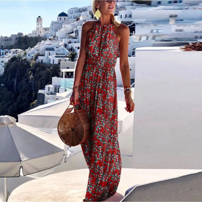 

2021 Summer Boho Floral Print Long Party Slip Dress Women Elegant Halter Sleeveless Maxi Dress Spring Backless Dresses Vestidos
