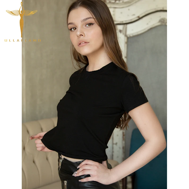 

Black Short Sleeve Skinny Women Cotton T-Shirt Solid O Neck Soft Casual Crop Tops Harajuku Slim Female Tee Shirt Basic Clothes