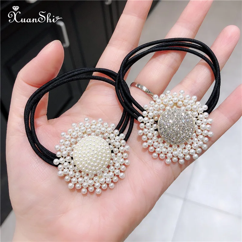

Women Hair Ties Elastic Rubber Bands Girl Crystal Zircon Round Pearl Korean Scrunchies Head Accessories Handmade Wholesale