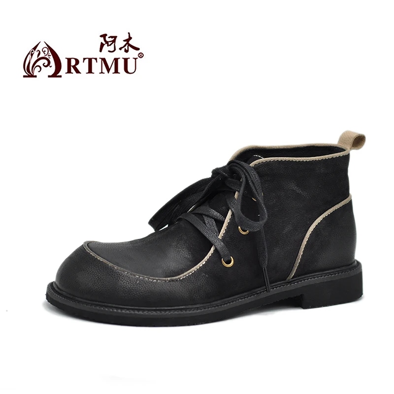 Artmu; сезон осень-зима; Новинка года; оригинальные Ботинки Martin; женские ботинки из натуральной кожи на плоской подошве; ботильоны на шнуровке