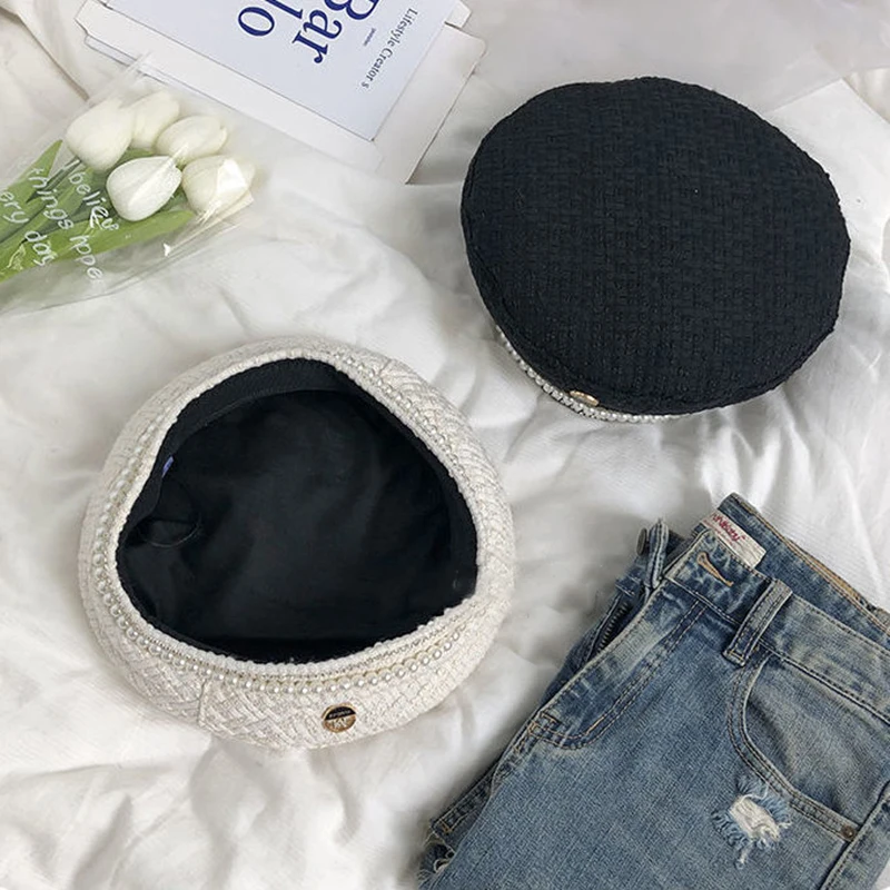 W102 Зимний берет цепочка жемчуг стильная шляпа в стиле Хепберн французский