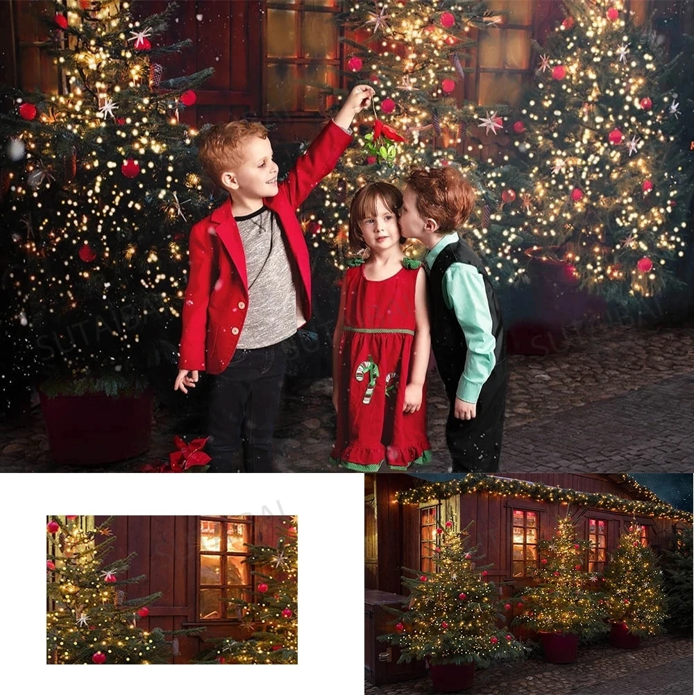 

Vinyl Photography Backdrop Merry Christmas Wood House Kids Child Festival Party Night Christmas Trees Wreath Light Background