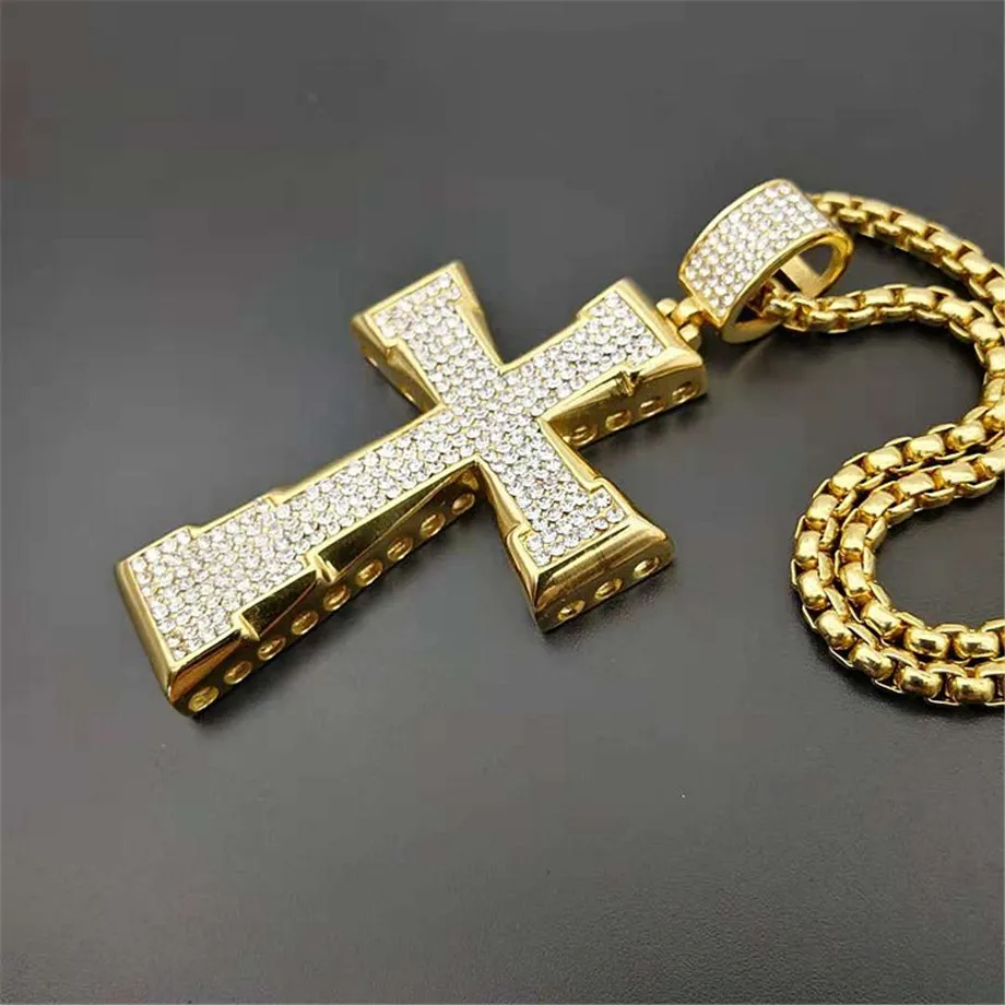 

Hip Hop Stainless Steel Gold Color Big Cross Pendant Necklace Religious Iced Out Rhinestone Crucfix Necklace Jewely For Men